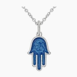 NWT Judith Ripka Blue Enamel Hamsa Hand Rhodium Over Sterling Silver Necklace